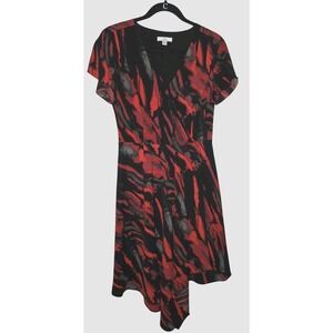 H Halston Multicolor Printed V-Neck Split Flutter Sleeve Midi Dress Womens